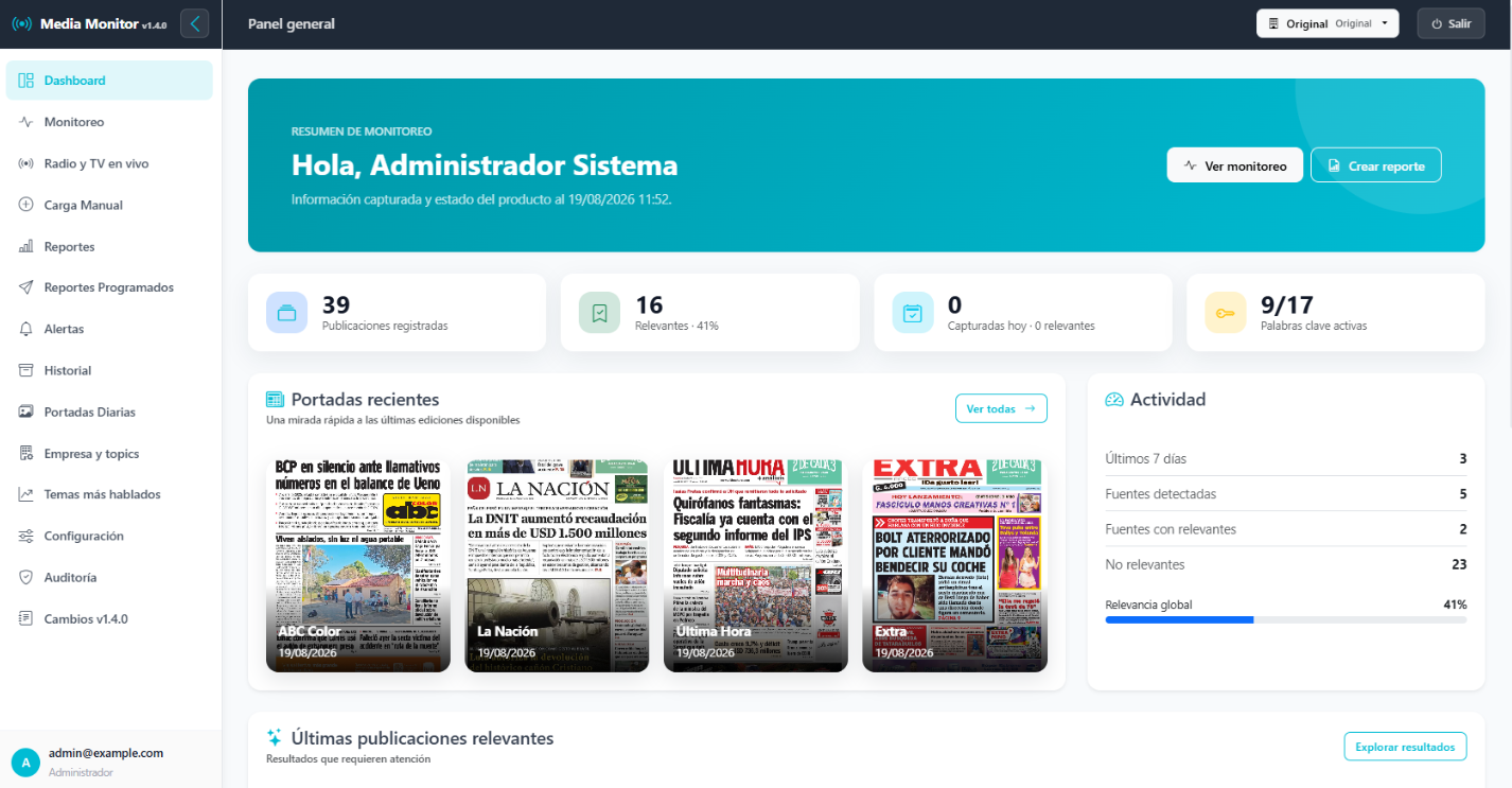 Centraliza el monitoreo de medios, alertas y reportes.
